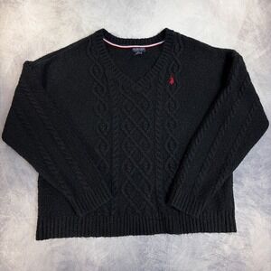 U.S. Polo Assn. Sweater Mens XL Black Cable Knit V-Neck Long Sleeve Logo